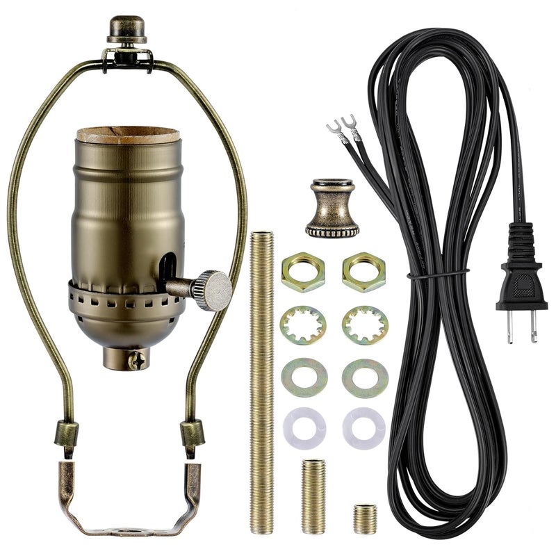 EMNOOTI Lamp Rewire Kit,Make a Lamp or Repair Kit,3-Way Lamp Socket with Matching Cord Lamp Harp Set,Lamp Wiring Kit for Table Floor Lamp,Essential Hardware for DIY Lamp Design or Repair (Antique Brass, 1) - Image 1